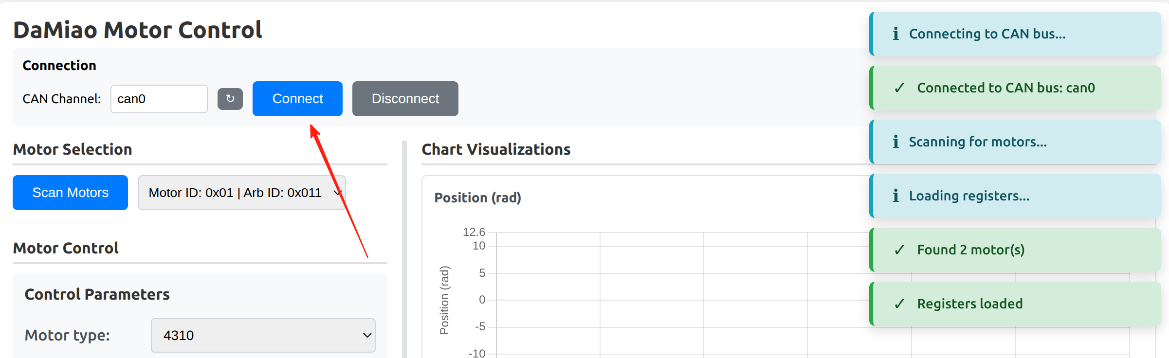 Connection bar – CAN channel, Connect, Disconnect, and status log